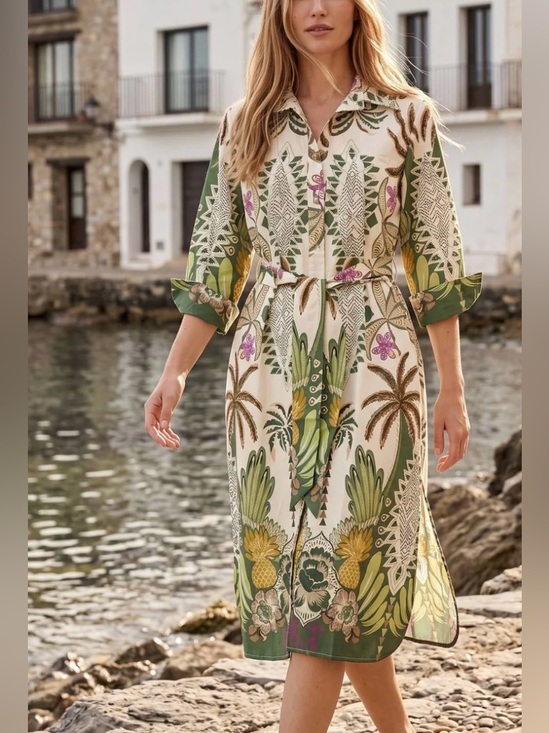 Zenara Woman Dresses & Skirts - Zenara Woman Paloma Printed Cotton Shirt Dress NWT Tropical Print Relaxed L